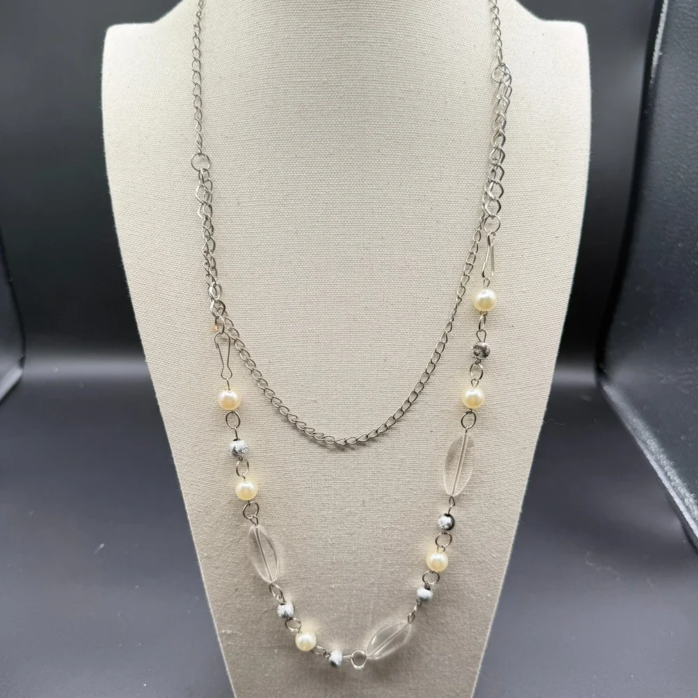 Silver Tone Faux Pearl Clear Bead Long Layering Necklace Y2K Boho Statement